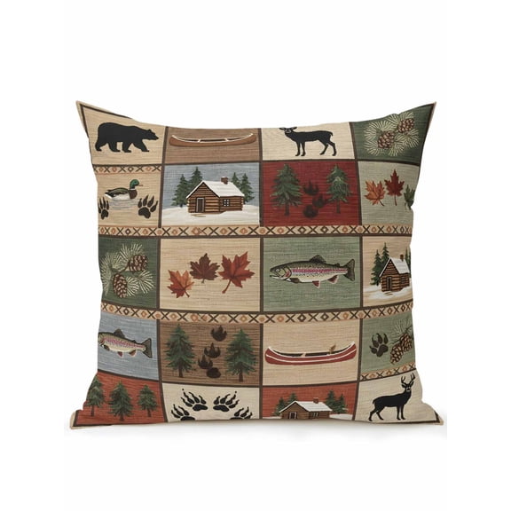 1 Pack Outdoor Throw Pillow, Farmhouse Buffalo Plaid Waterproof Pillow with Insert Included, Beige Cabin Elk Forest Decorative Accent Cushion Sofa Pillows for Patio Porch, 16 x 16 In