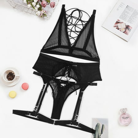 Generic 2025 Fashion Striped Mesh Sexy Crossover Lace up Wireless Sexy Lingerie Four-Piece Set