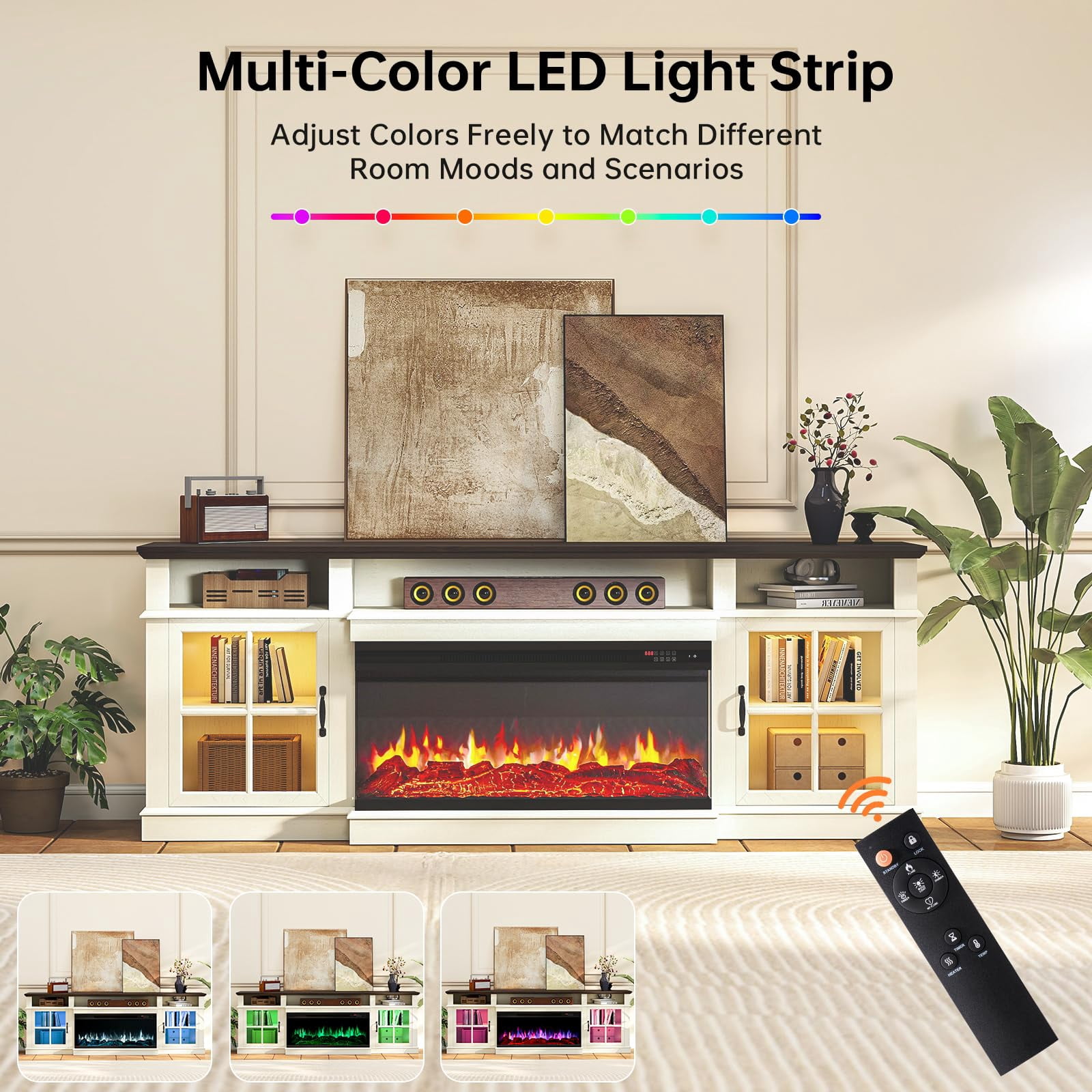 Sonegra 80" Fireplace TV Stand with Led Light, Entertainment Center for TVs up to 90", White