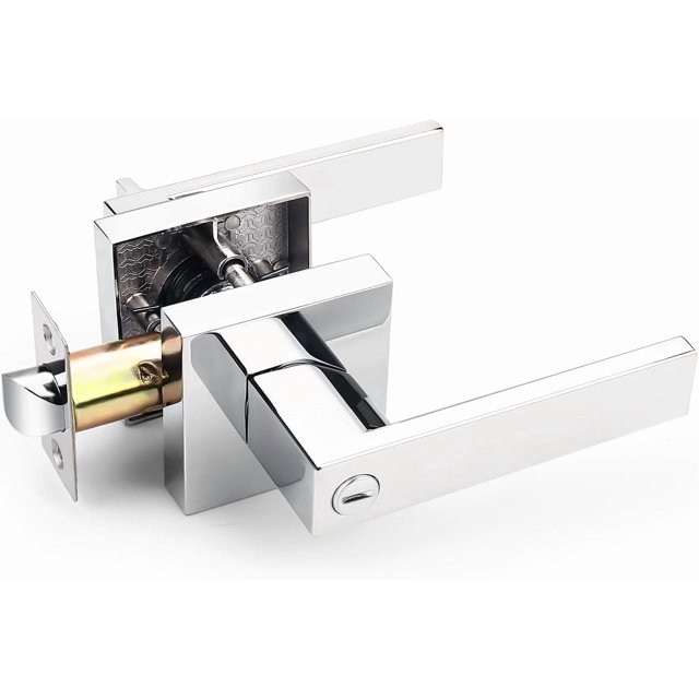 Square Privacy Door Levers Keyless Chrome Door Handle Indoor Door Handles Interior Bed/Bath Door Lever Handleset Reversible for Left Right Sided Doors