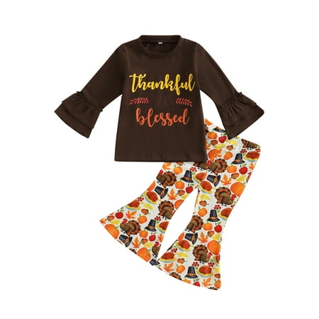 

Ma&Baby Toddler Baby Girls Thanksgiving Long Sleeve T Shirt Top Turkey Flare Pants Set 1-4 Years