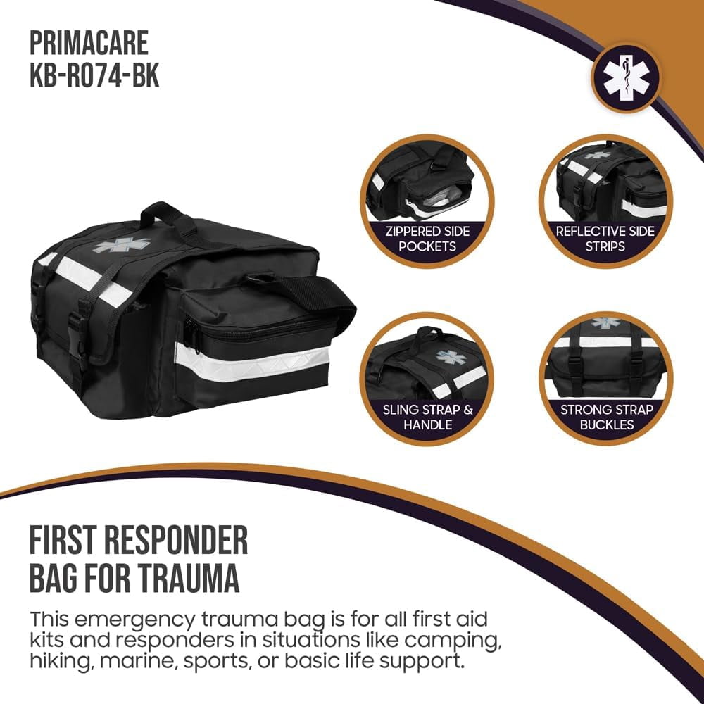 Primacare KB-RO74-BK EMT Emergency Trauma First Responder Medical Bag With Multiple Compartments Empty, Black