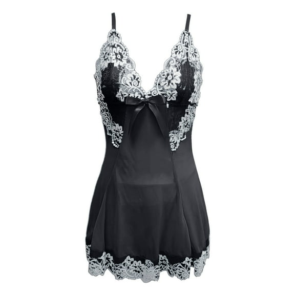 VNKIDY Women Sleepwear Satin Chemise Lace Trim Nightgown Deep V Neck Spaghetti Strap Sleeveless Lingerie Dress Featuring Bow Detail Elegant Seductive Sleepwear Casual Pjs