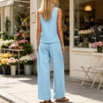 thumbnail image 4 of Mifsaly Two Piece Vacation Sets for Women Sleeveless Button Down Shirt and High Waisted Wide Leg Palazzo Pants Lightweight Flowy Summer Matching Lounge Outfits with Pockets Light Blue,S, 4 of 7