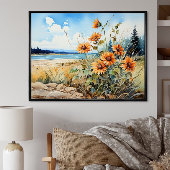 Designart "Coastal Sunflower Escape" Sunflowers Floater Framed Wall Art Prints