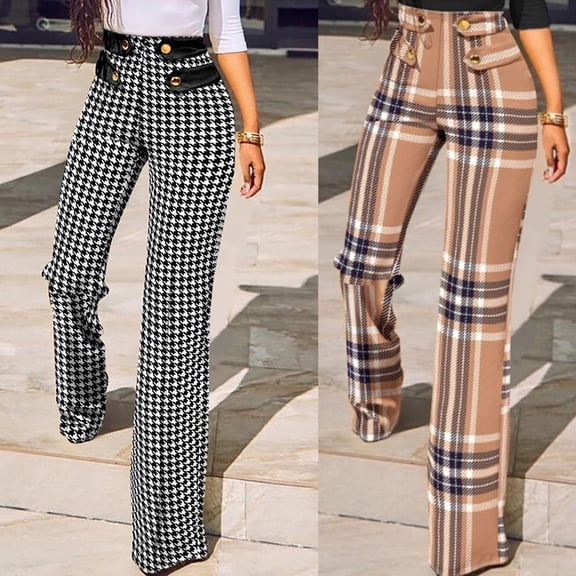 Azrian Pants for Women 2023, Womens Plus Size Pants Fashion Casual Plaid Print Button Straight Slim Fit Suit Trousers Clearance