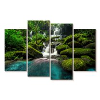 Elephant Stock Forest Waterfall Scene Wall Art - Horizontal Multi Panel Canvas - Living Room Wall Decor - Nature Multi Panel - Teal And Gray Decor - 43" x 27"