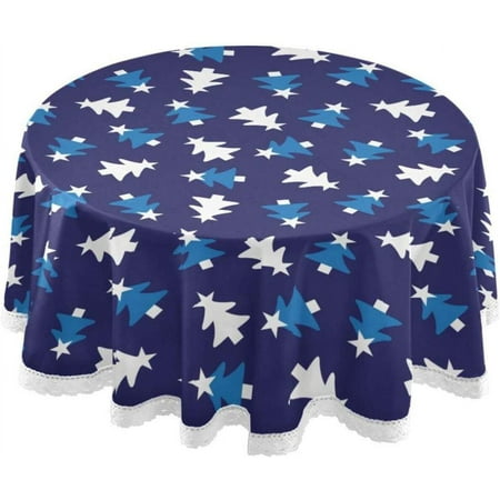 SKYSONIC 60" Blue Christmas Tree Round Table Cloth, Spill Proof Wrinkle-Free Oil-Proof Waterproof Microfiber Tablecloth for Kitchen Dinning Room Party Home Picnic, Diameter Table Cover