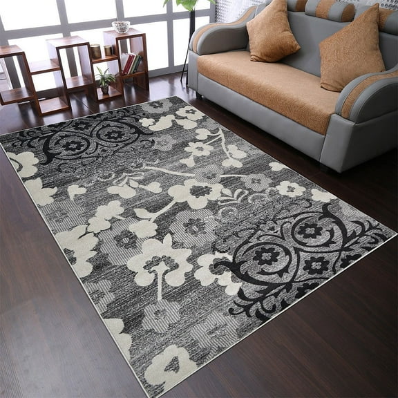 RUGSOTIC CARPETS MACHINE MADE HEATSET POLYPROPYLENE AREA RUGS - 8'x10', Rectangle Shape, Silver Color, Floral Modern Design, High Pile Machine Made Area Rugs for Living Room, Bed Room (M00046)