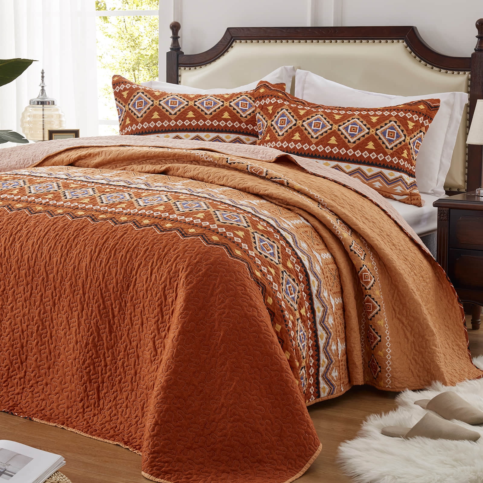 2-Piece Twin Size Quilt Set - Orange Rust Bohemian Bedspread Coverlet with 1 Pillow Sham, Microfiber