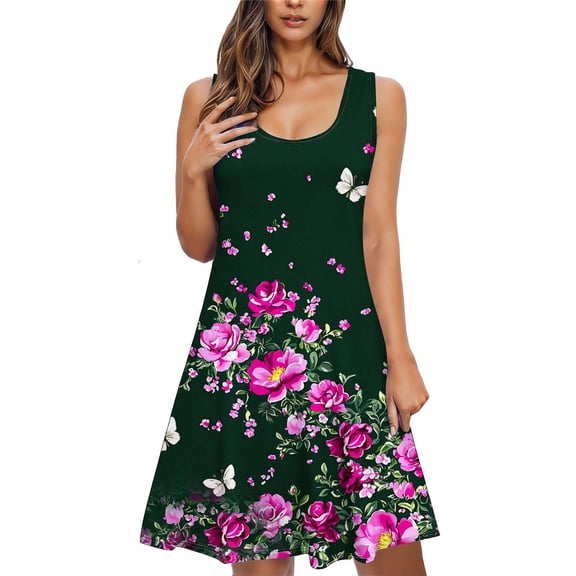 qucoqpe Summer Dress for Women Sleeveless Crew Neck Ruffle Flowy Mini Dress Fashion Casual Floral Print Vacation Beach Sundress