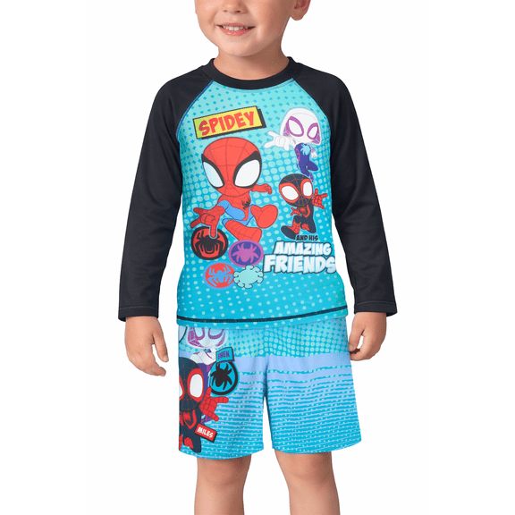 Marvel Boys' Spider-Man Rash Guard Set - UPF 50 2 Piece Swim Shirt and Bathing Suit Trunks (4-12)