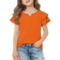 thumbnail image 2 of Grblisyd Girls' V-Neck Ruffle Top Casual Cute T- Shirts Loose Fit Short Sleeve Tee Tops Beach Vacation Solid Tops Blouses Orange 4-5Y, 2 of 6