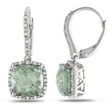 5-1/3 Carat T.G.W. Cushion-Cut Green Amethyst and 1/5 Carat T.W. Diamond Sterling Silver Leverback Halo Earrings