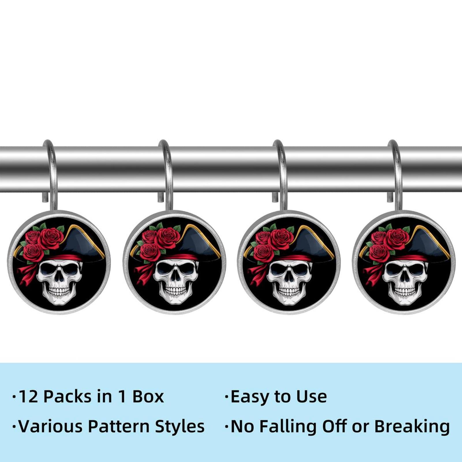 12pcs Decorative Shower Curtain Hooks, Rust Resistant Shower Rings for Bathroom Living Room,Rustproof Stainless Steel Rings for Shower Curtain and Liner Rods,Red Rose Skull