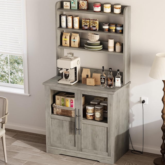 6 Tier Kitchen Bakers Rack With Power Outlet Microwave Stand Bakers Rack With Storage Cabinet Farmhouse Small Kitchen Pantry Hutch With Door Thickened Counter, Coffee Bar Storage Shelves, Grey