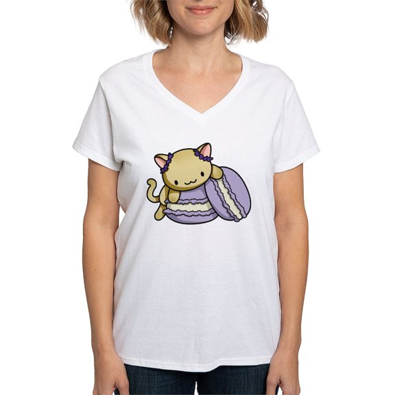 CafePress - Macaron Kitty T Shirt - Womens Cotton V-Neck T-shirt