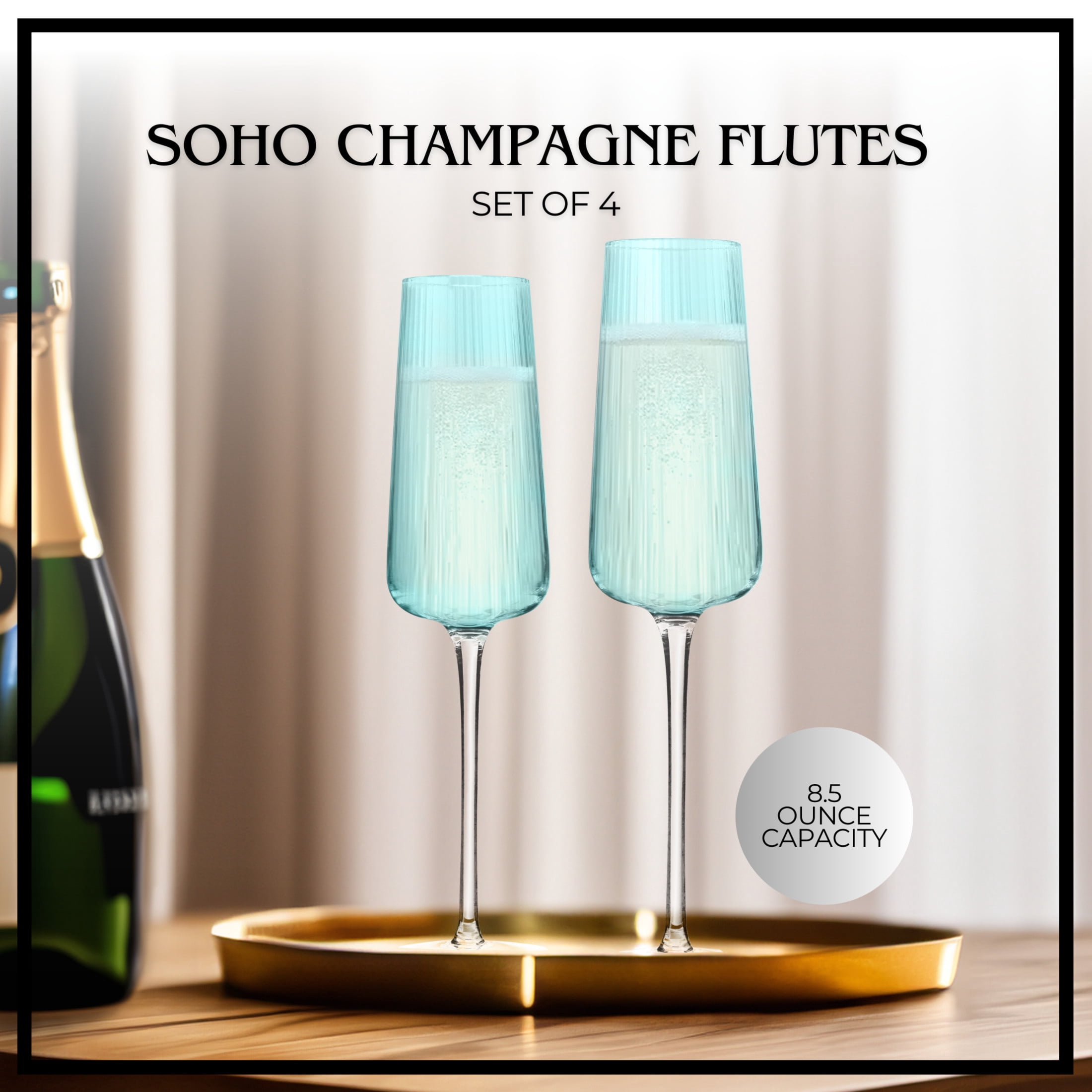 Artland Soho Optic 8.5 oz Champagne Flute, Set of 4 - Modern Contemporary Stemmed Glasses - Ideal for Weddings, Parties, Prosecco, Sparkling Wine, Excellent Gift Idea, Dishwasher Safe (Turquoise)
