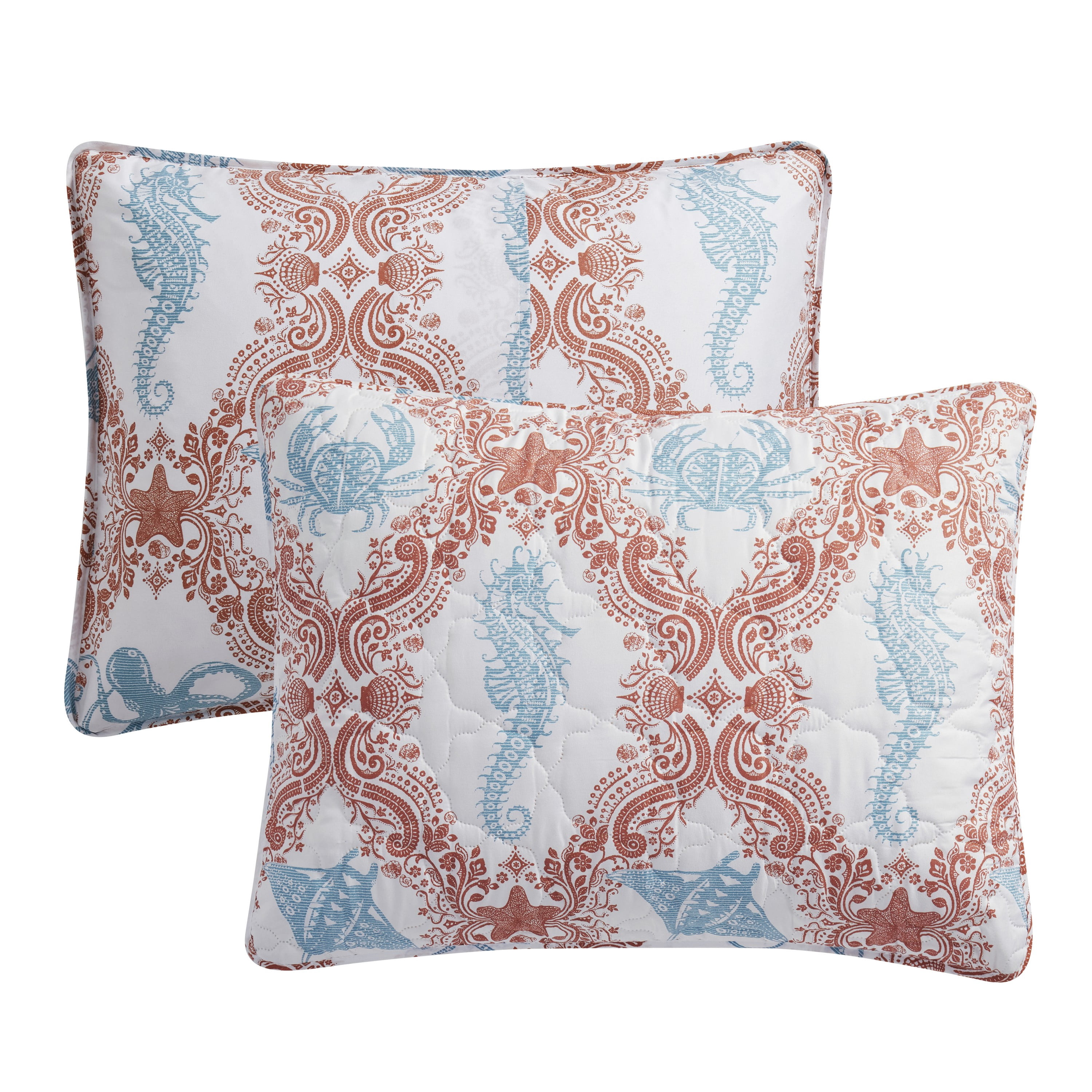 VCNY Home Coastal 3-Piece Coral/Seafoam Green Sealife Quilt Set, Full/Queen, Adult, Unisex