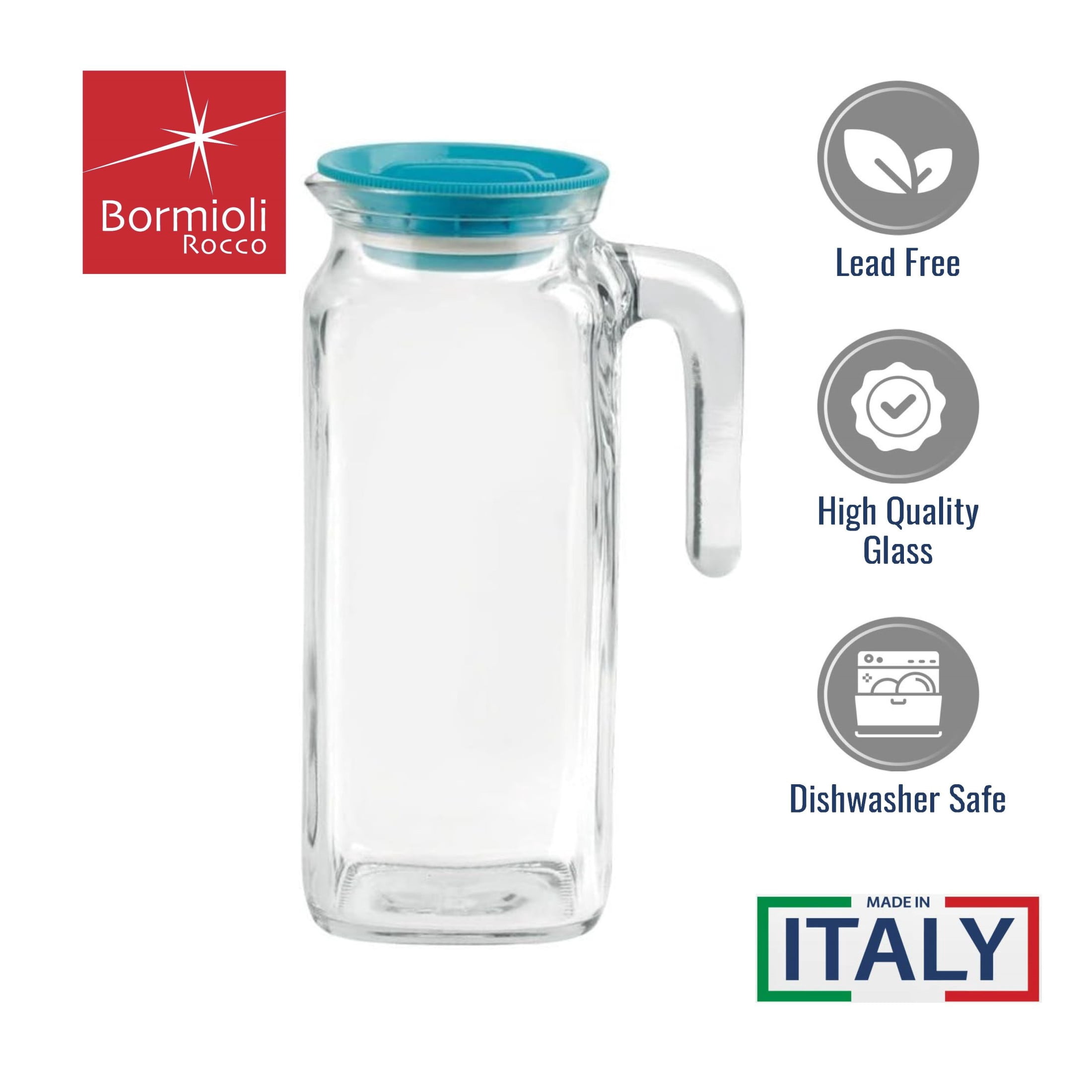 Bormioli Rocco Frigoverre Classic Jug 33.75 oz - with Teal Lid - Set of 2