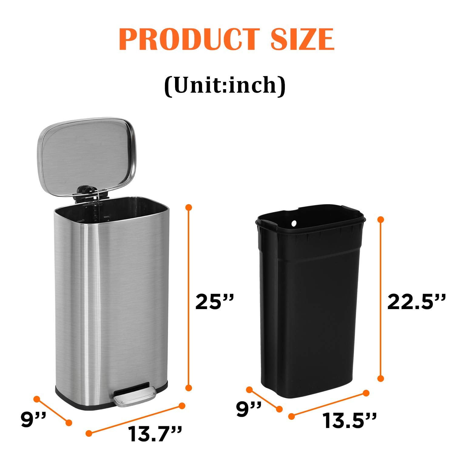 8 Gallon/30 L Kitchen Step Trash Can with Lid Brushed Stainless Steel Garbage Can with Plastic Inner Bucket Metal Pedal Waste Bin, Silver