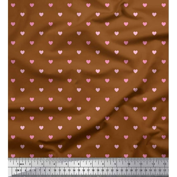 Soimoi Brown Cotton Duck Fabric Pink Heart Print Fabric by the Yard 42 Inch Wide