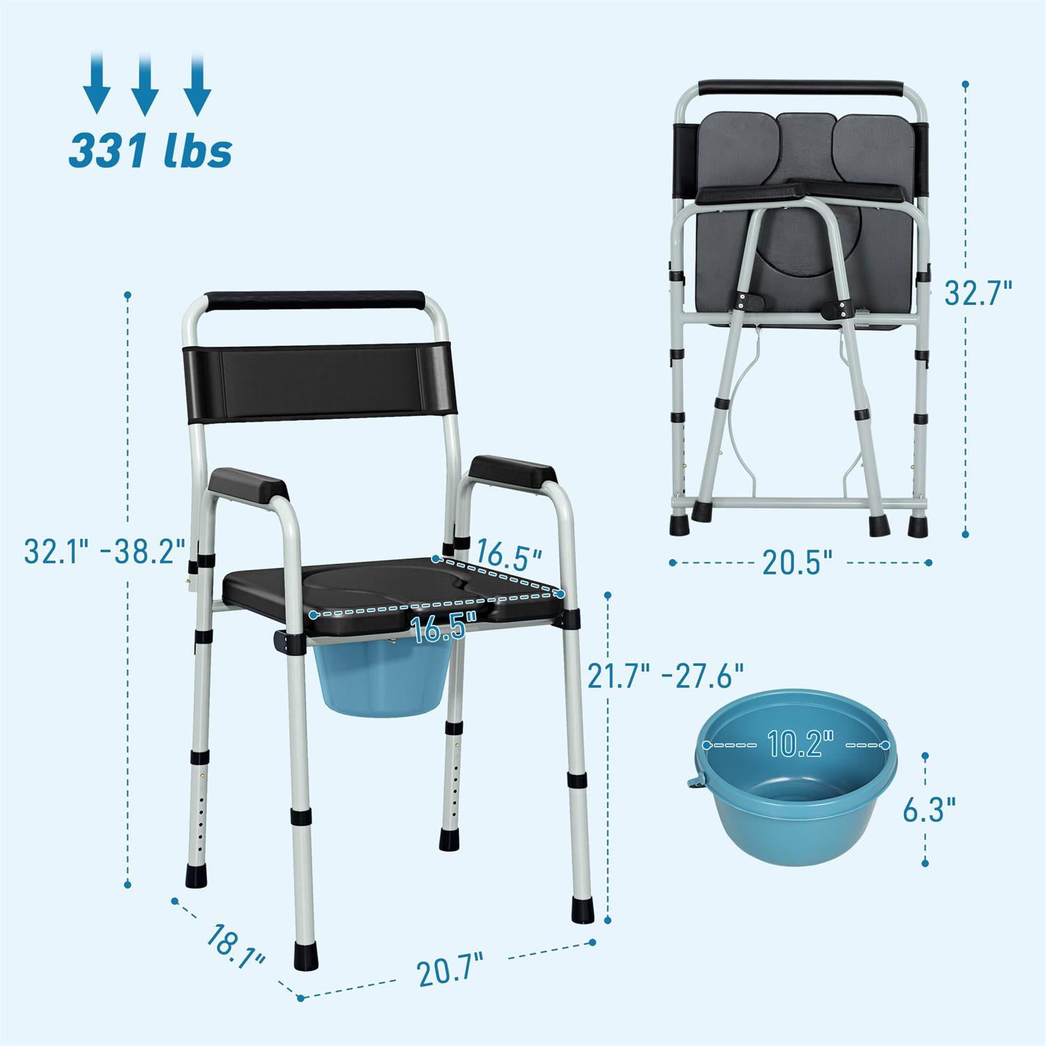 Demi Bonn 38" Adjustable Height Bedside Commode Chair with Arms for Seniors & Disabled Persons, Raised Toilet Seat, 331 lbs Capacity, Black