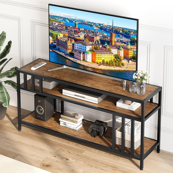 65 in TV Stand for TV up to 75 in, Entertainment Center with Open Storage Shelves, TV Media Console Table with Quadruple-Tube Support for Living Room, Bedroom - 65 in Rustic Brown