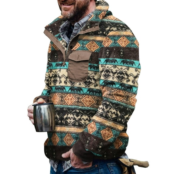 Capreze Men Plaid Shirt Double-Sided Plush Jacket Long Sleeve Casual Pullover Turn-down Neck Button Thickened Winter Warm Shirts with Pocket