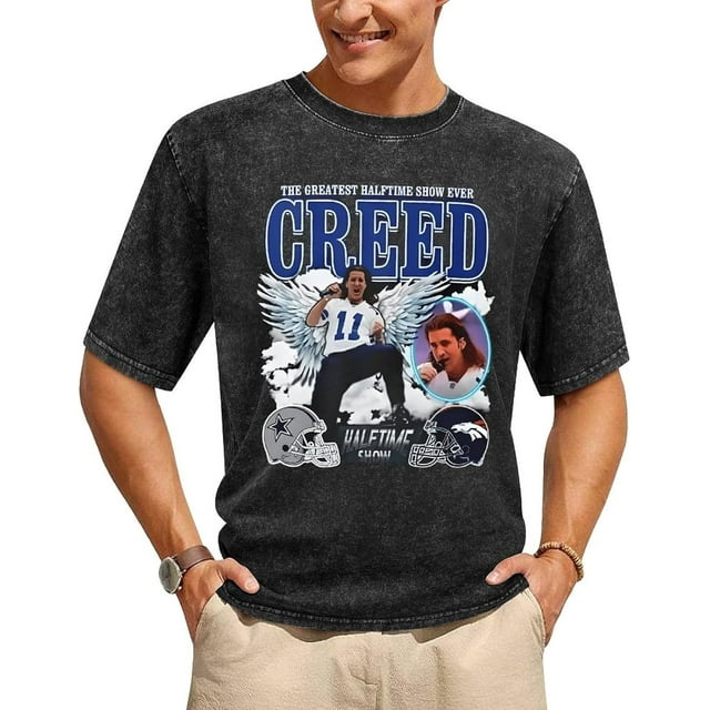 Creed T-Shirts en Coton Vintage Durables Surdimensionnés Chemise Usée Col Rond Manches Courtes
