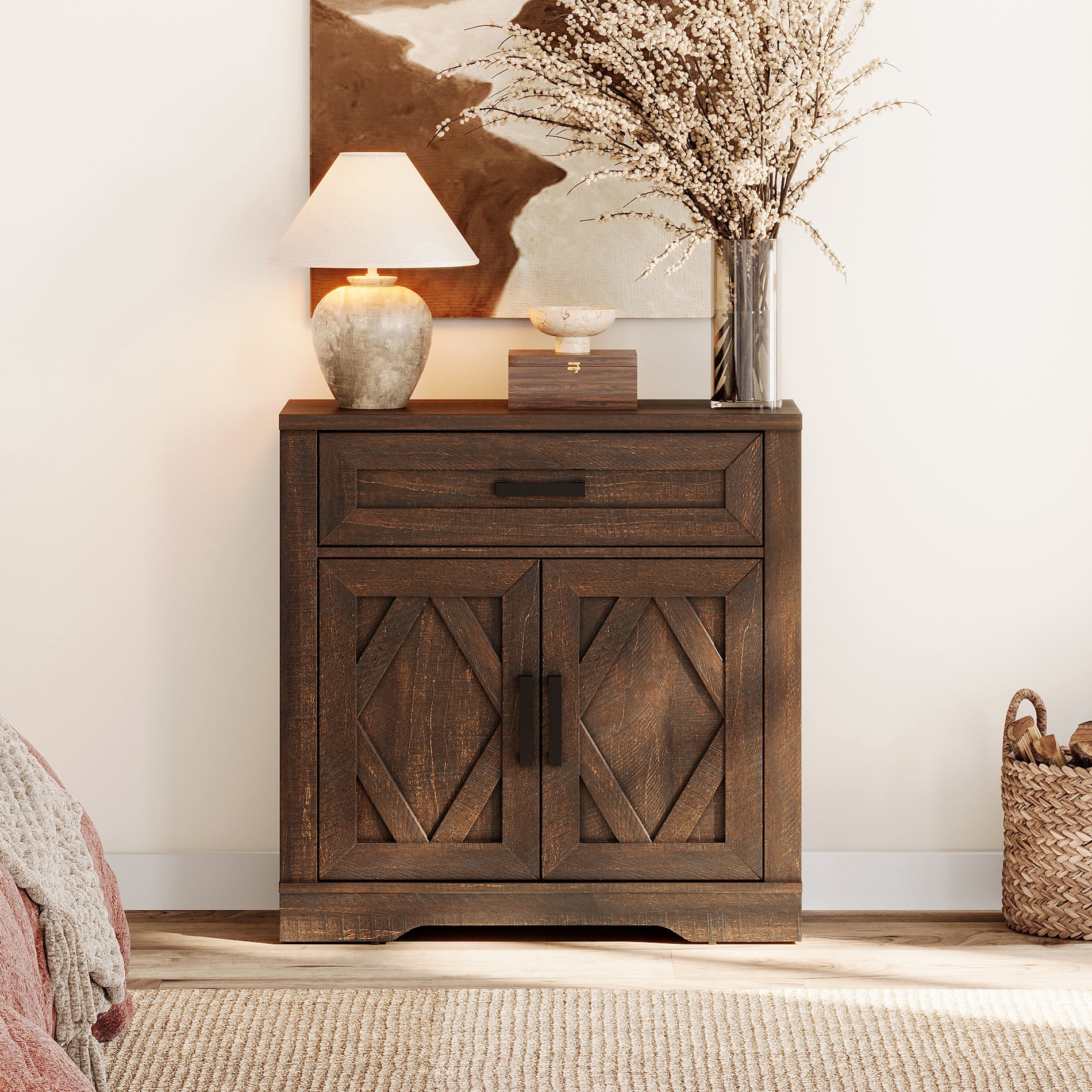WAMPAT 31.5"W Farmhouse Buffet Sideboard with Barn Doors, Drawer & Storage, Brown