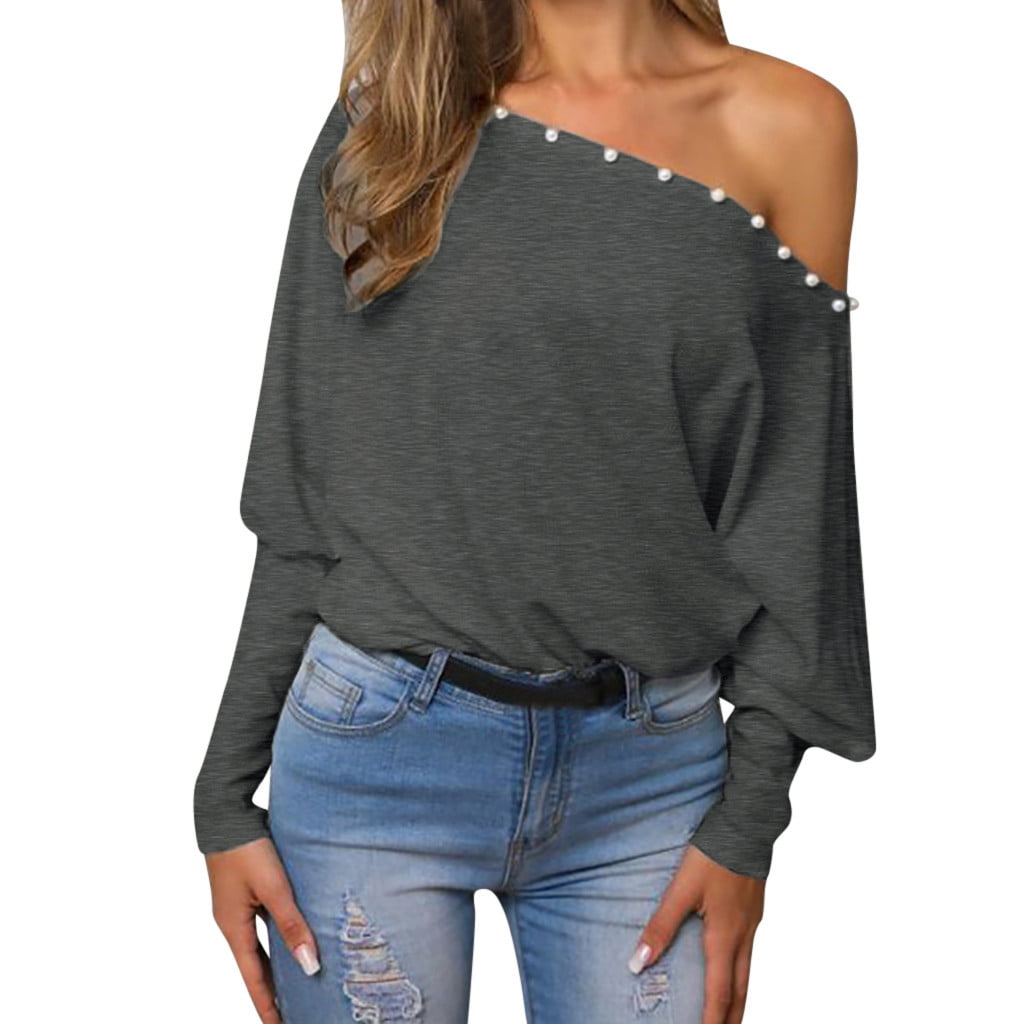 Women one off shoulder long sleeve t-shirt slouchy baggy top sizes 8-26 batwing