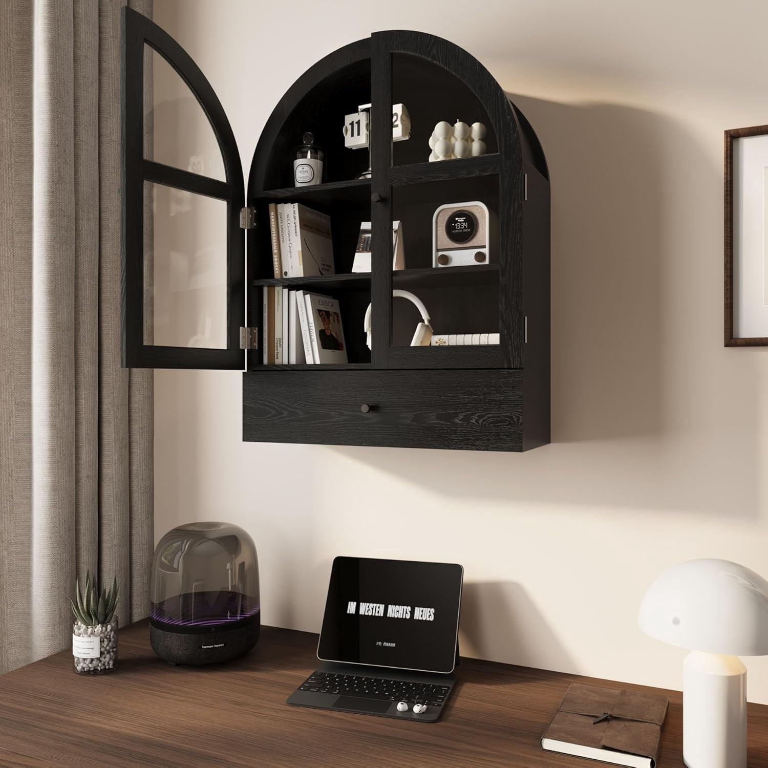 Wall Mounted Arched Medicine Cabinet, Bathroom Storage Cabinet with Glass Doors, Over The Toilet Floating Cabinet for Bedroom Kitchen, Black