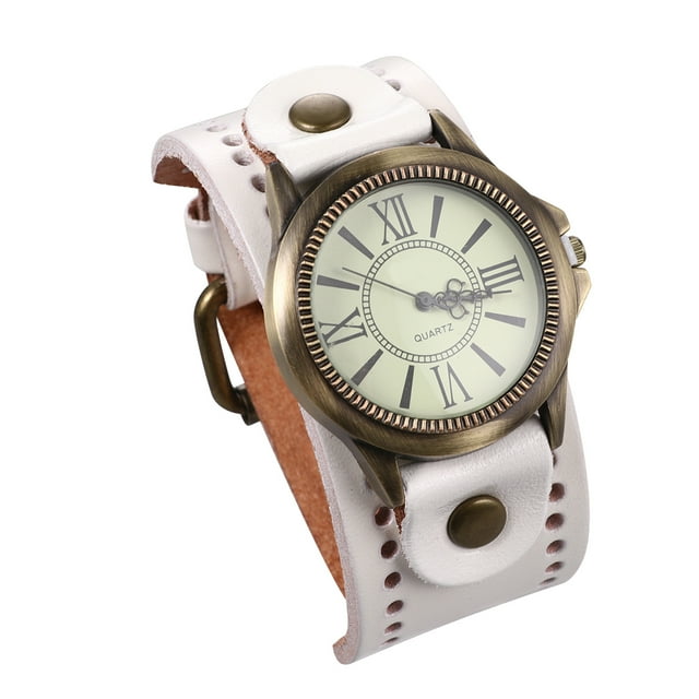ColoMX 1 reloj de piel de vaca genuino, reloj de pulsera literal romano, elegante, informal, con decoración, reloj de pulsera de cuarzo creativo para mujer y mujer (blanco)