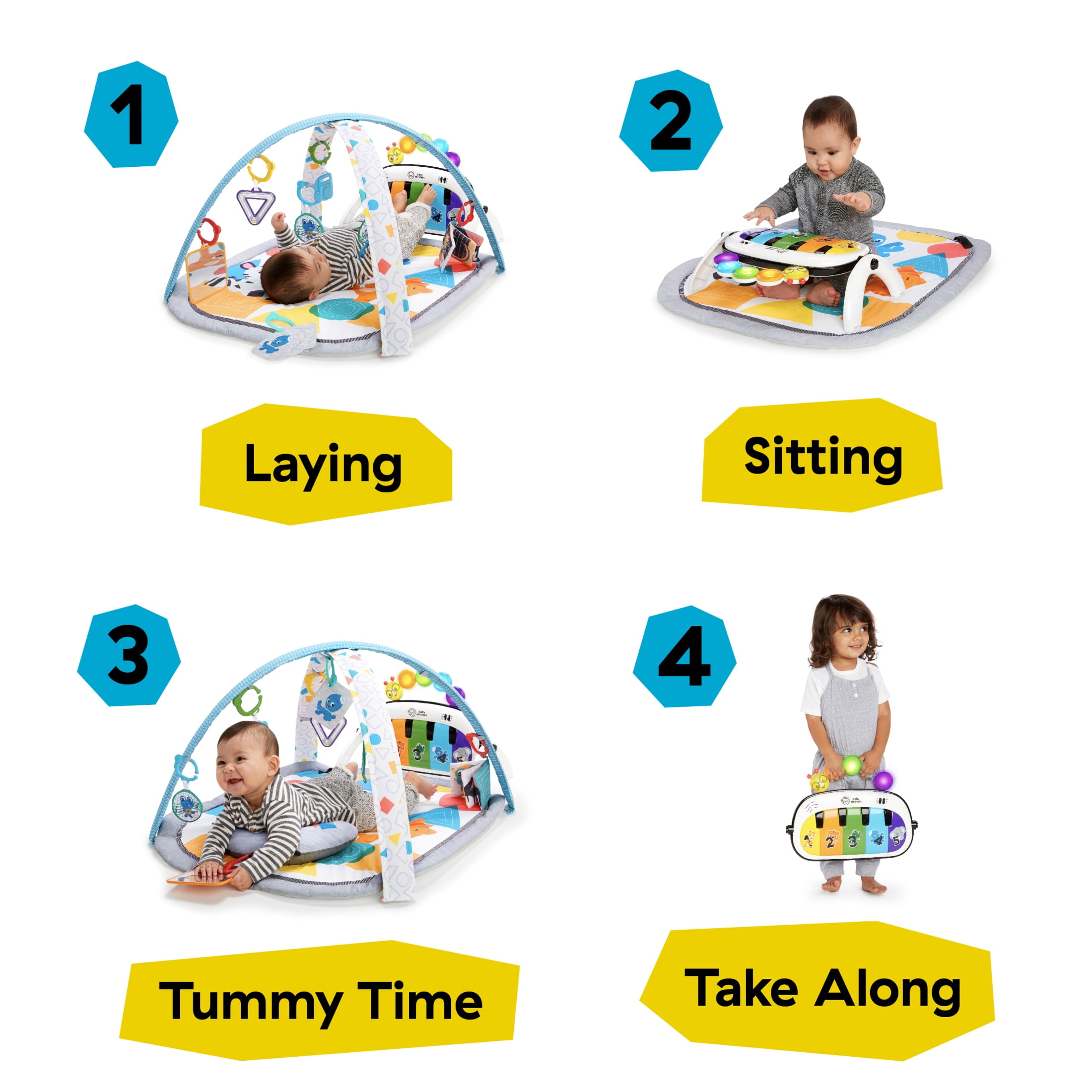 Baby Einstein Kickin' Tunes 4-in-1 Infant Baby Activity Gym & Tummy Time Play Mat with Piano, 0-36 Months, Multicolor