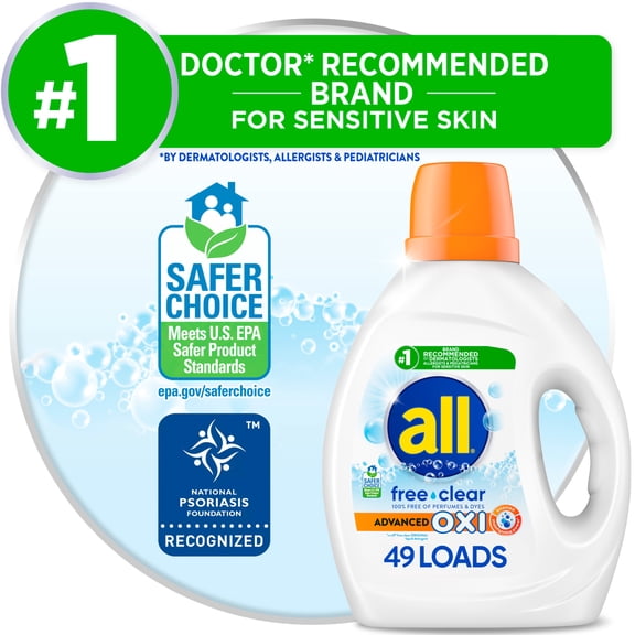 all Free Clear Liquid Laundry Detergent, Oxi, 73oz, 49 Loads