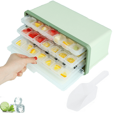 LECHONG Ice Cube Tray, Ice Cube Tray Molds with 3 Trays for Freezer, Ice Cube Freezer Container with Drawer Type Ice Box and Ice Scoop for Whiskey, Cocktails (63pcs Ice Molds)