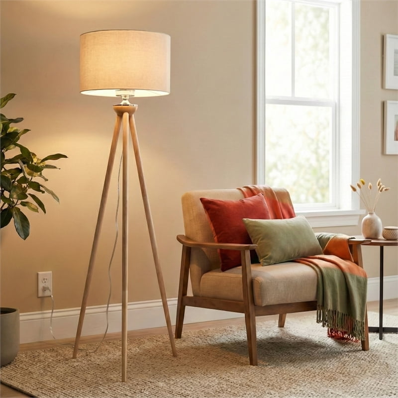 Lara Tripod Floor Lamp with Natural Wood Base and Beige Linen Shade