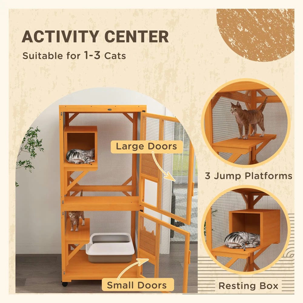 Topcobe Large Cat House for 1-3 Cats on Wheels Wooden Catio Enclosure, Outside Pet Shelter, Small Animal Habitat, Orange