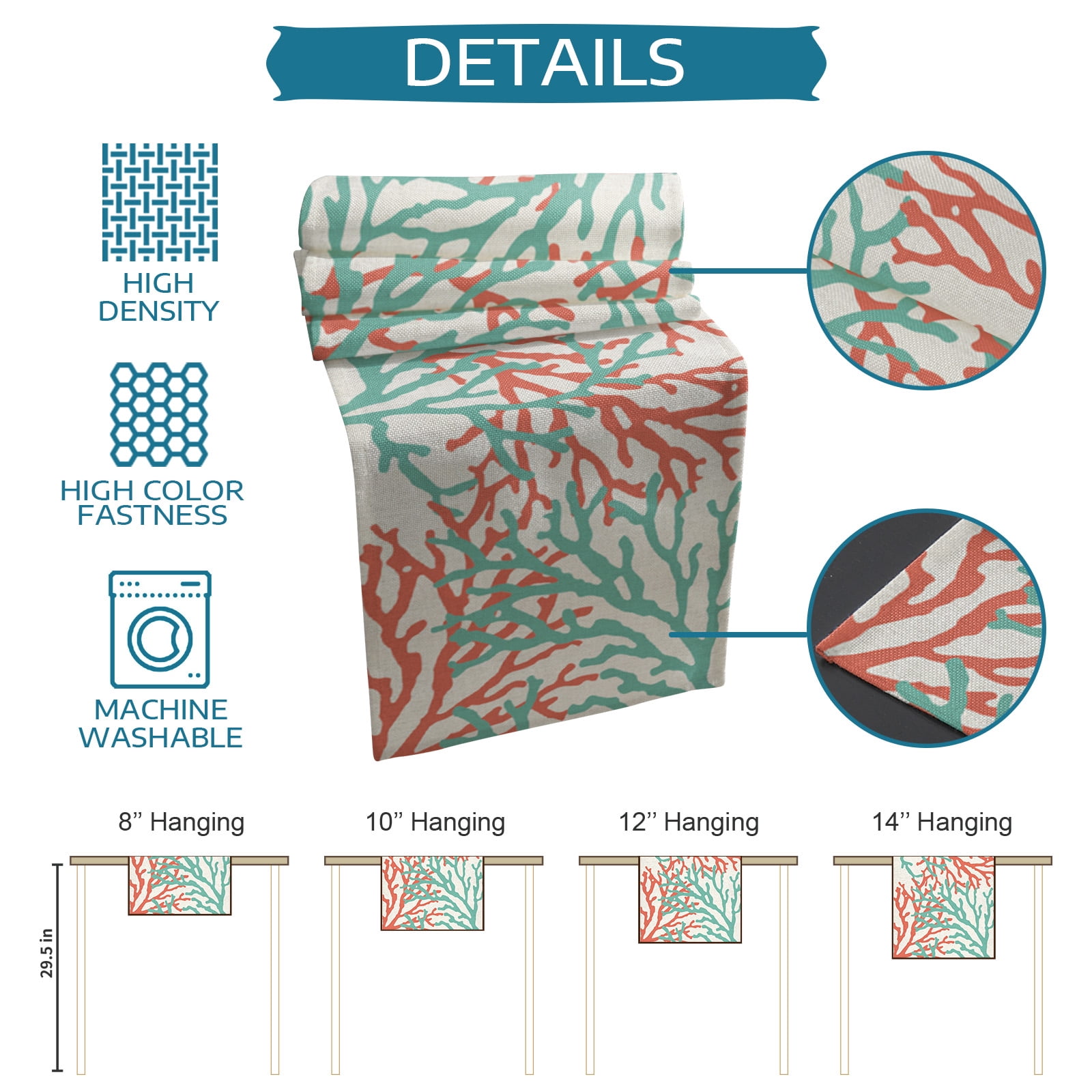 Table Runner Dresser Scarves 60 Inch Long, Ocean Teal and Orange Sea Coral on Linen Linen Dining Table Runners Nautical Abstract Marine Life Tabletop Scarf for Wedding Holiday Party Kitchen