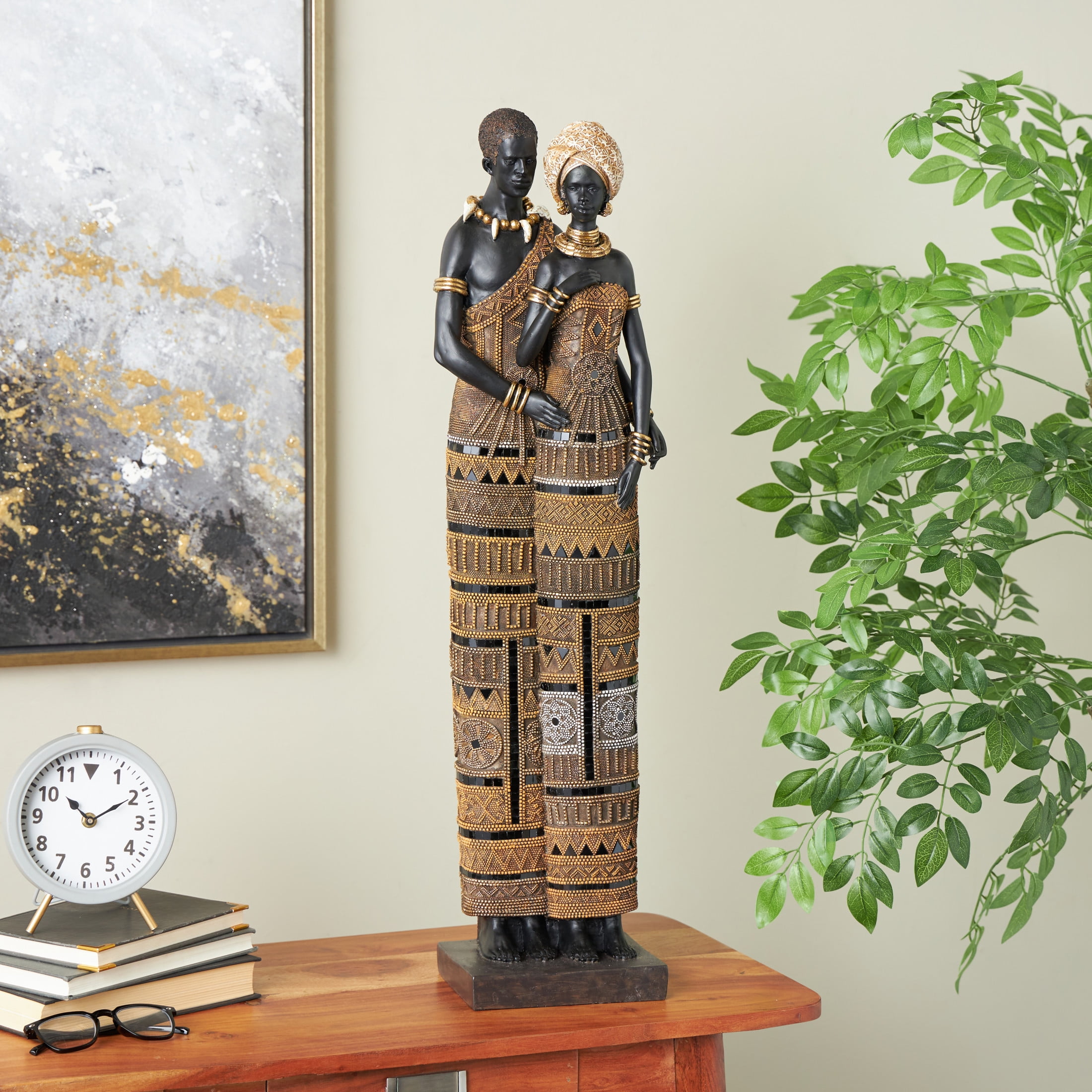 9" x 31" Black Resin Tall African Family Sculpture with Gold Jewels, by DecMode