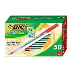 BIC® Ecolutions Round Stic Ball Pens, Medium Point, 1.0 mm, 74% Recycled, Translucent Barrel, Red Ink, Pack Of 50