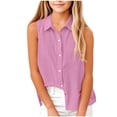 thumbnail image 2 of SGMVNU 2 Pack Girl's Button Down Sleeveless Blouse Summer Lapel Collar Tank Tops Casual Loose Cotton Linen Shirts, Size 15-16 Years, Purple & Coffee, 2 of 7
