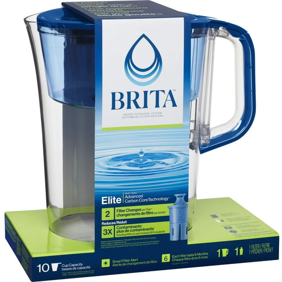 Brita 10 Cup Elite Filter Pitcher with Smart Light Indicator, Reduces 30+ Contaminants including Lead and Microplastics, Filter lasts 6 months, Tahoe,, Blue
