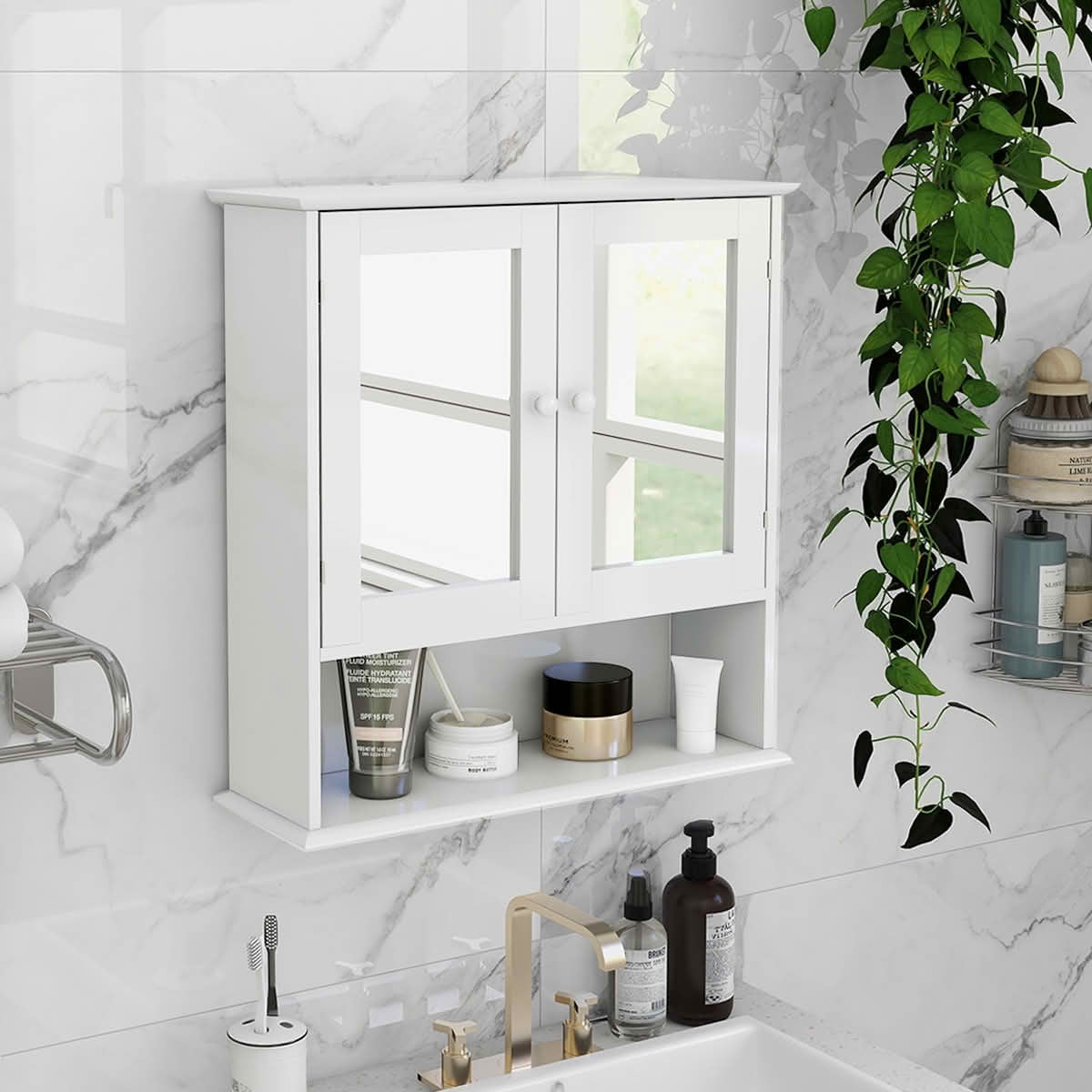 MAYEERTY Bathroom Wall Cabinet, Double Mirror Doors with Storage Shelves