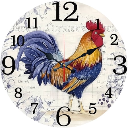 SBEMP10 Inch Silent Wall Clock, Vintage Rooster Farmhouse Decorative Wall Clock, Battery Operated Non-Ticking Round Clock for Kitchen Living Room Bedroom Home Decor