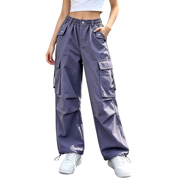 CPNG Girls Cargo Pants Elastic Waist Wide Leg Cargo Jogger Pants Baggy Casual Streetwear Cargo Trousers with Multi-Pockets