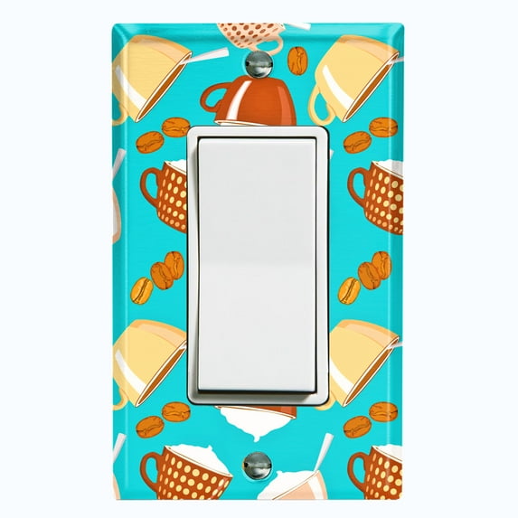 Metal Light Switch Wall Plate Outlet Cover (Mocha Coffee Bean Espresso Cup Cappuccino Teal - Single Rocker)