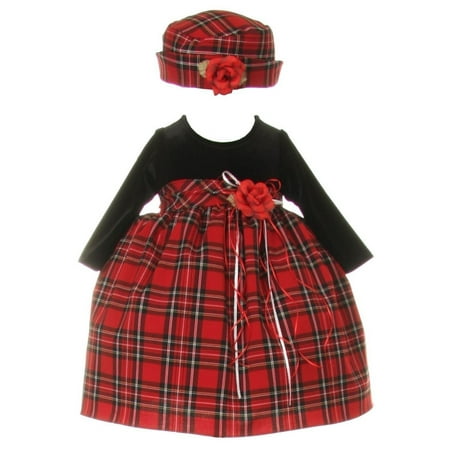 - Baby Girls Black Red Velvet Checker Corsage Hat Christmas Dress 3-6M