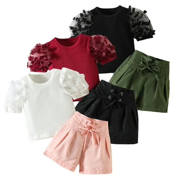 WOLLED Toddler Kids Girl Summer T-Shirt Set 1-7Y Baby Solid Colour Pullover T-Shirt Top and Slim Shorts Set Baby Cute Clothing Outfits